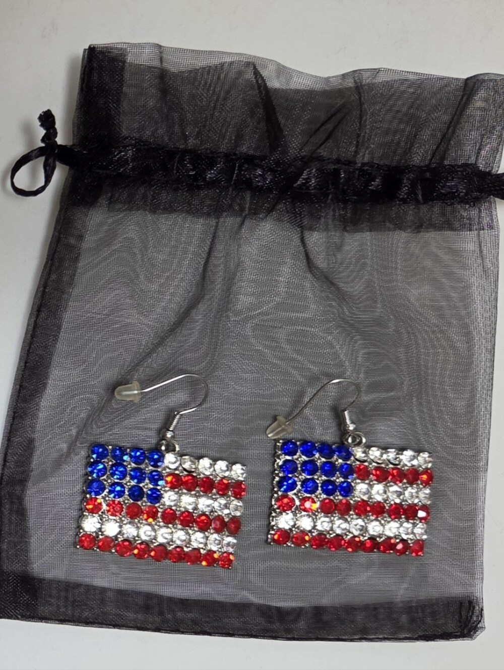 NWOT American Flag Rhinestone Pierced Earrings W/Gift Bag, Big & Beautiful
